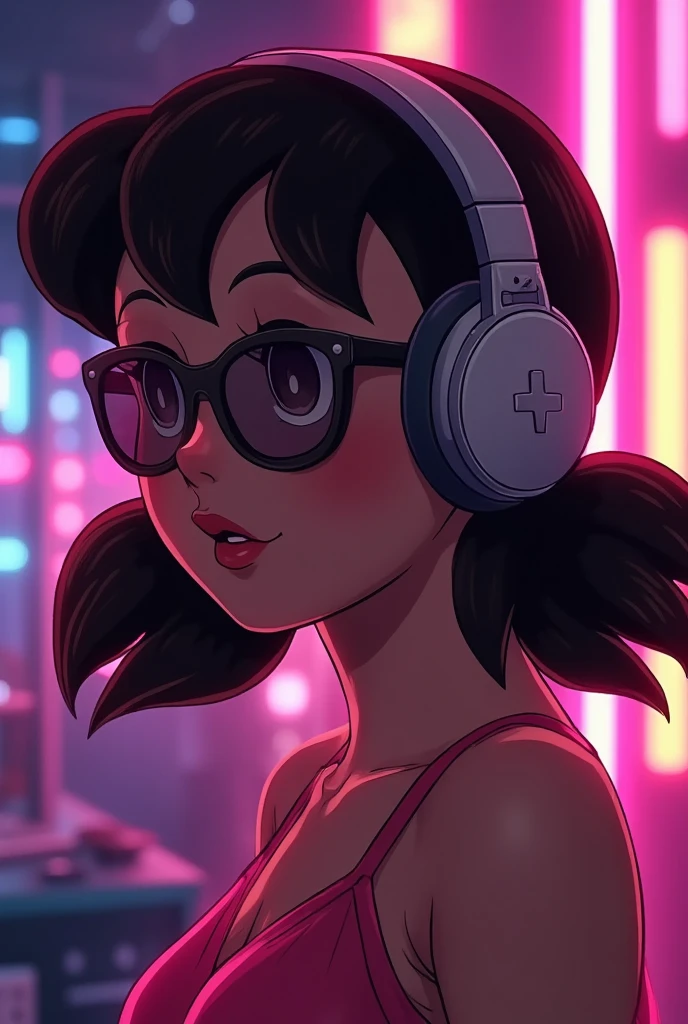 Brown hair . beautiful woman with curly hair and sunglasses wearing full size headphones - ear piece or surround dark room neon cyberpunk at night coordinator neon glow