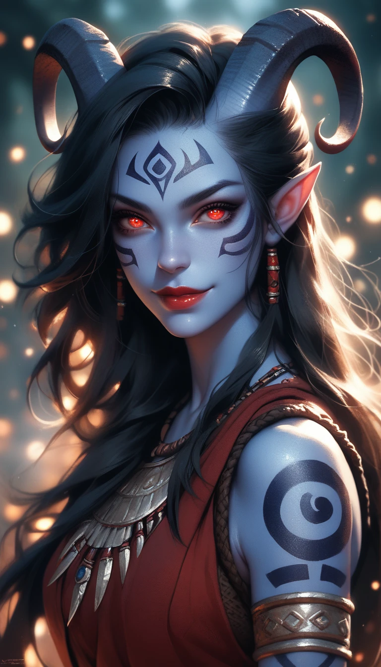 score_9, score_8_up, score_7_up, score_6_up, rmsns, 1girl, portrait, beautiful, tiefling shaman, black hair, (long hair:1.3), side bangs, horns, barbarian, gladiator, war paint, tribal markings, long tail, blue skin, red lips, red eyes, glowing eyes, (smug:0.85), dramatic lights, detailed
