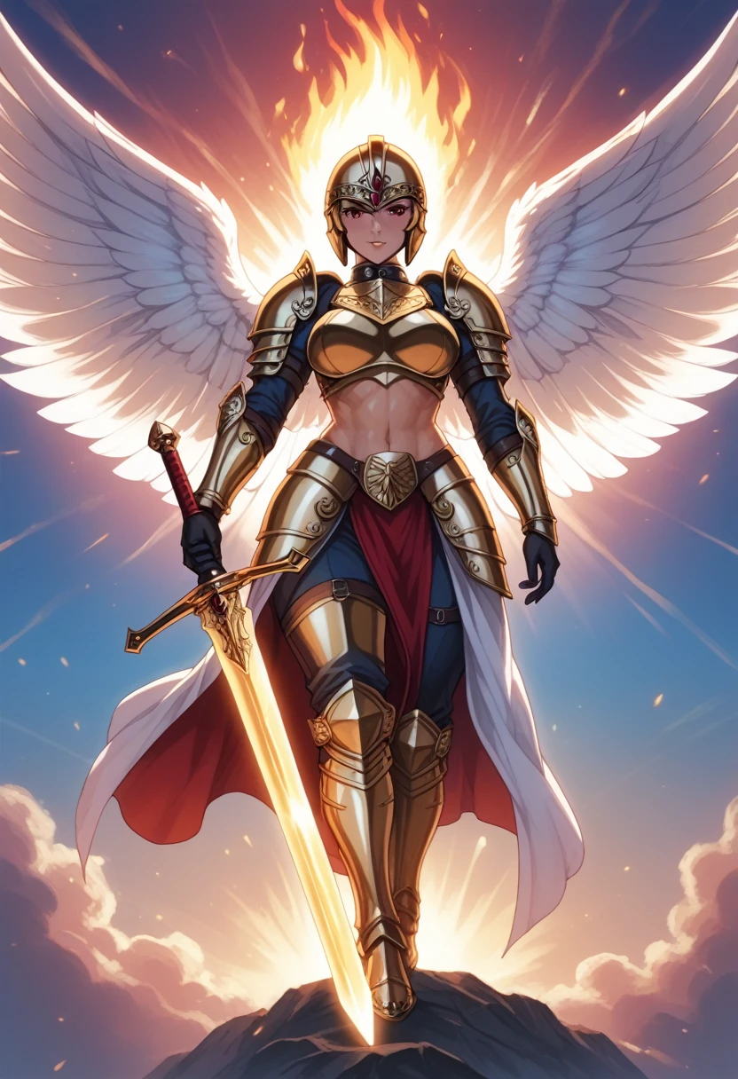  The best quality,  lonely mature woman , many curves, seductive,  scar on the right eye, corona de flores, warrior girl wearing gold helmet , closed helmet, winged helmet, winged helmet, Spartan helmet, winged helmet a los costados, Gold jewelry, goddess, big white wings , short golden hair,  short hair,  hair is blond in color and short in size, reaching only the base of the neck, it is quite messy and has a somewhat pointed appearance.,  although he is mostly combed backwards , some fringes hang on his forehead , red eyes,  in her left hand she holds a long sword, Right hand holds a large shield ,  wears full gold armor , wearing full armor ,  a human warrior Valkyria ,  raising her sword in the middle of her face , eyes on fire, Flaming sword ,  girl turning her back, Cover face ,  girl turning her back,  anime girl not looking at the camera,  girl looking forward , don't show your face ,  girl turning her back,  cover face ,  full body ,  flying in the sky .