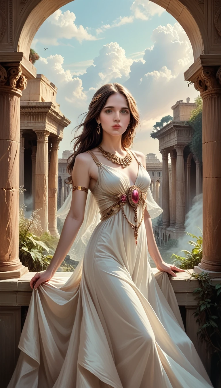 a beautiful young woman, pandora, the first woman of humanity, dark blonde hair, greek mythology, (best quality,4k,8k,highres,masterpiece:1.2),ultra-detailed,(realistic,photorealistic,photo-realistic:1.37),intricate details,hyper realistic, dramatic lighting, cinematic composition, chiaroscuro, glowing skin, piercing eyes, lush lips, delicate features, graceful pose, flowing dress, ancient greek architecture, dramatic cloudy sky, golden ornaments, mythical aura, ethereal atmosphere, rich color palette, dynamic composition