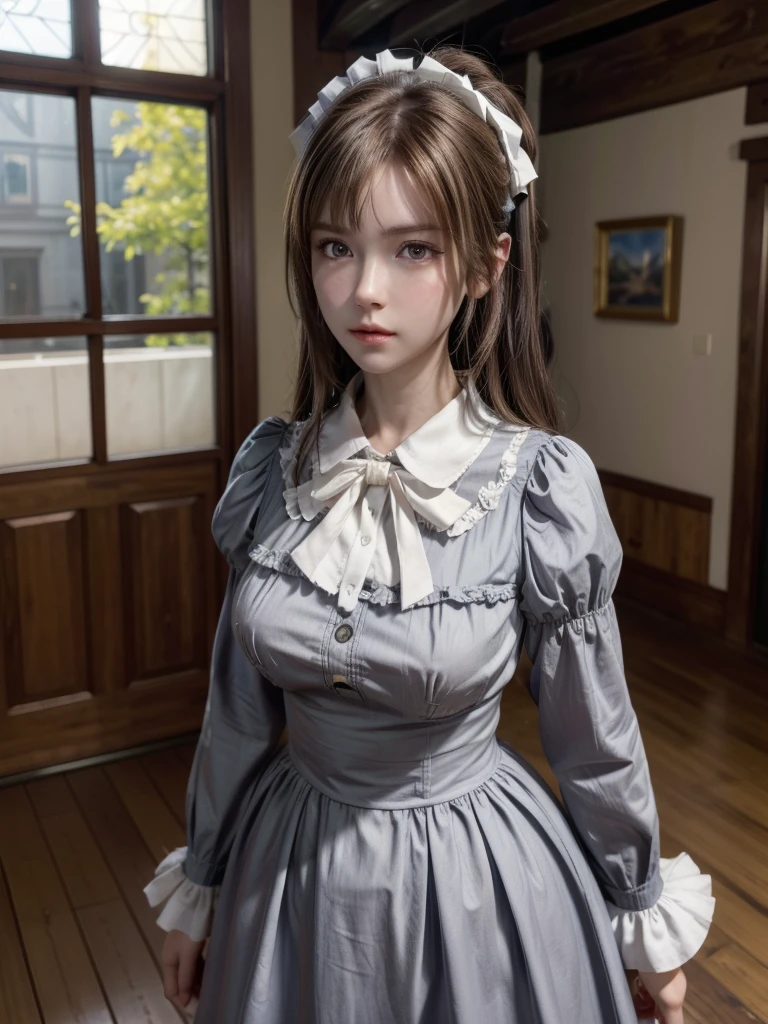 1 Female, Maid,  In the Ears of a Wolf , Brown Hair,  blond eyes ,  standing on the ground , high res,  ultra sharp , 8k, masterpiece パフィー・スカート (((masterpiece+Best Quality+ high resolution on down+ very detailed))), 