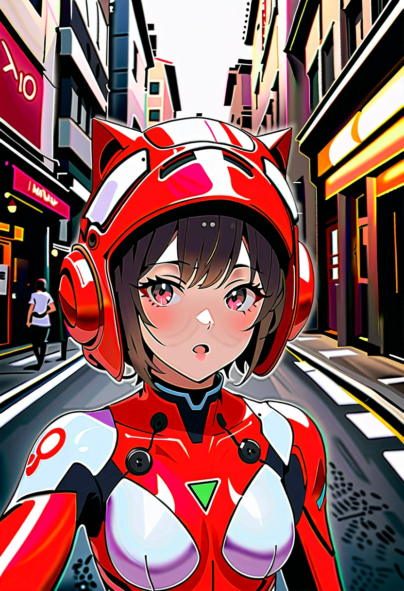 8k, Ultra-high resolution, Highest quality, masterpiece, Rule of thirds photograph,surreal, photograph, pretty girl, Cute Face, Beautiful eyes in every detail, Detailed,masterpiece,,,,,,,,,,, ( short hair, street, emo eyeliner, apocalypse, girl, city, road space helmet, muvluv, eva helm, evangelion,, plugsuit , space helmet, eva helm,red bodysuit, short hair, ,,plugsuit, red bodysuit,evangelion,(red helmet:1.2), space helmet, cat ears, Japanese female,hort hair, bangs, ahegao, red helmet,,upper body, selfie, 