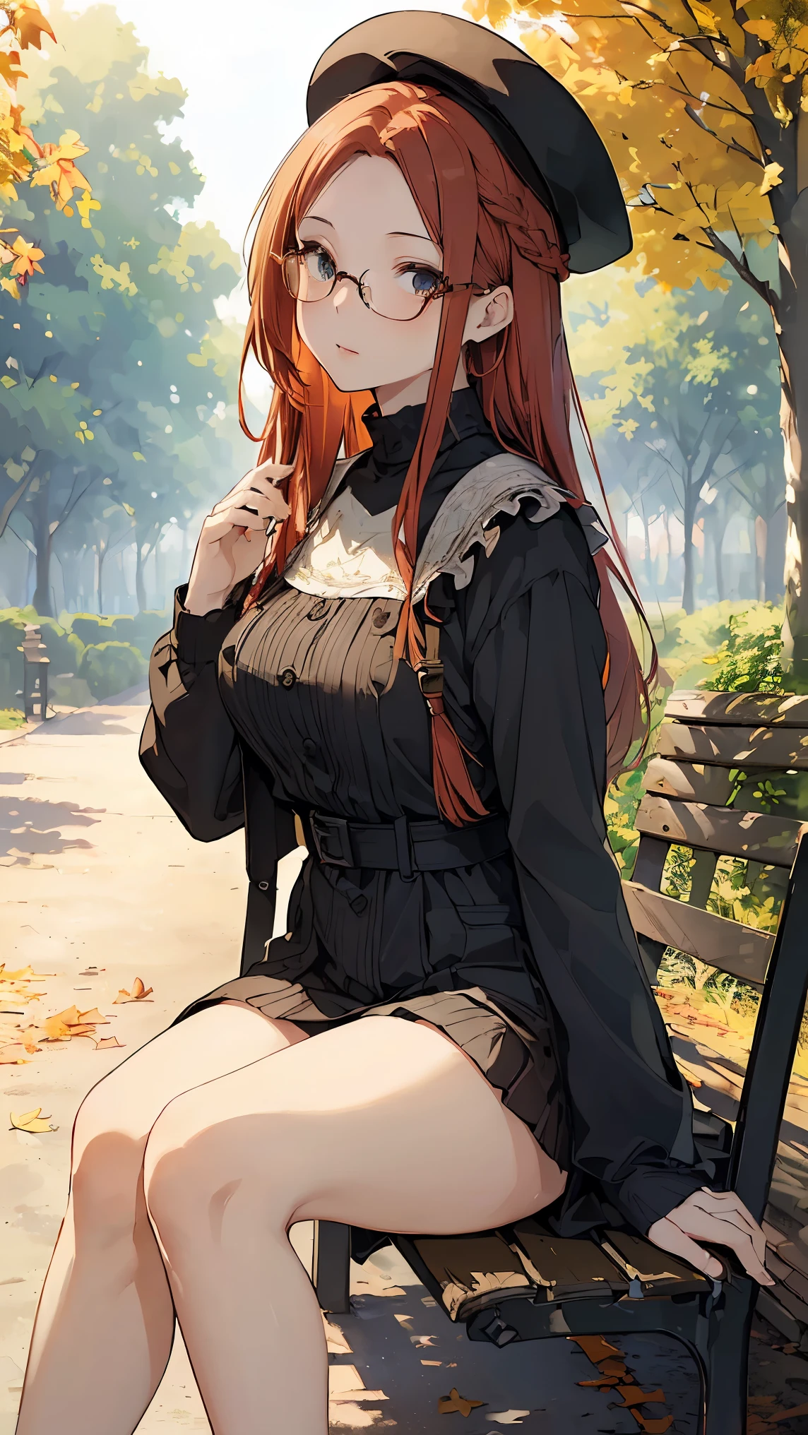 (((Best quality, 8k, Masterpiece: 1.3)), ((best quality)), ((masterpiece)), (detailed), perfect face, perfect body, (detailed skin:1.3), (intricate details), young woman in her twenties with short red braids walks through a peaceful park. She wears a beret and large, round glasses, adding a touch of artistic style to her casual outfit. The park is filled with greenery, and the sun casts dappled light through the trees, creating a serene atmosphere. The woman appears calm and thoughtful, her hands loosely at her sides as she enjoys the scenery around her. In the background, there are park benches, winding pathways, and scattered autumn leaves.