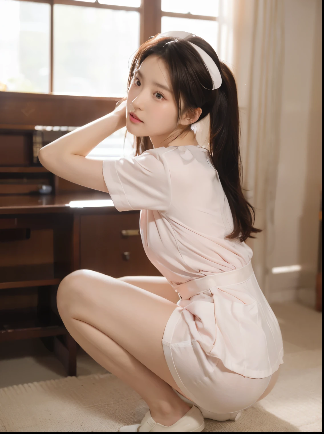1 girl at home,(Wearing white Nurse clothes:1.2),( original photo, highest quality), ( actual , photo- actual :1.4), masterpiece, extremely detailed , Very detailed, 2k wallpaper, Wonderful, Finely, Very detailed CG unity 8k wallpaper, Very detailed, High resolution, Soft Light, Pretty and Detailed Girl , Very detailed eyes and face, beautiful and detailed nose , Finely beautiful eyes, Perfect Anatomy, dark hair, Upward Style, Nurse uniform, ((Nurse cap)), Long skirt, Nurse, White服装, thin, Hospital, Cleaning, White, Hospital room, auscultatory neck ,(desktop、 highest quality、8K、Award-winning works、 super high resolution )、(一位美丽的Nurse:1.1)、(完美的WhiteNurse:1.1)、(White面具:1.1)、 Accurate Anatomy 、( very blurry background in the ward :1.1)、非常明亮的White照明、( Face Closeup :1.2)、 perfect pretty makeup 、Excellent film lighting、 LED Lighting 、 elegant upright ,Slim waist, BEAUTIFUL HITS , white slim calves ,WhiteNurse鞋,Full of feelings,Excited, place your hands behind your head,Shot from the side,Shot from the back, full-body photo