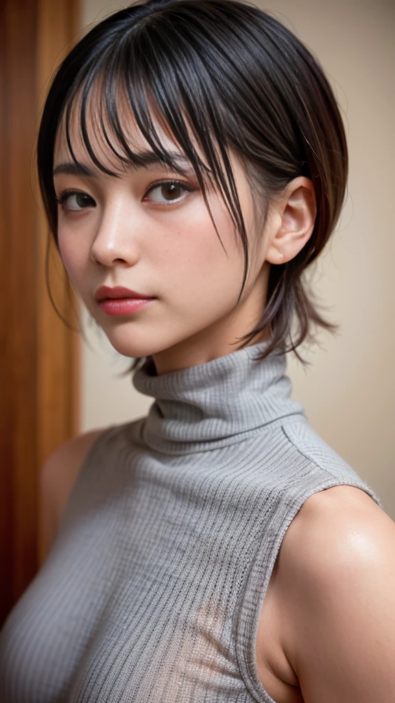 Best Quality,masterpiece, ultra high resolution,high definition raw color photo, professional photos , natural skin texture, fine skin, hyperrealism, Japanese Women,( Shortcut Hair, face up ,grey turtleneck)