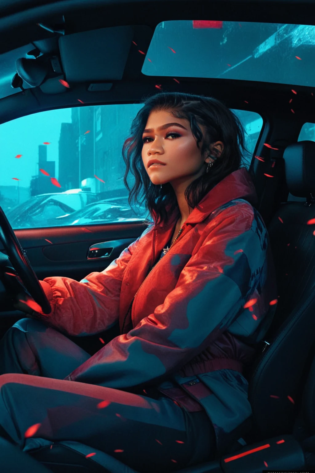 (zendaya:.4), (32k:1.5, Highest quality, masterpiece, Ultra-high resolution), Professional camera work:1.6, Highly detailed skin and face textures:1.3, Captivating portrait:1.2, Very accurate, Very detailed, 1 adult female, Incredibly slim body, sense of loss, Sadness, Expressions of sadness, Small face, (()), (medium shot), 