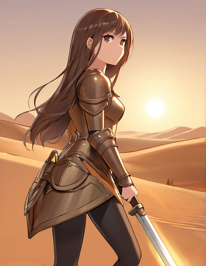 ( cartoon character) slender young woman , Brown bangs, long hair.  wearing a black tights ..  She carries a large wide sword on her back .   A round bronze armor on her left shoulder. in the desert. scorching sun