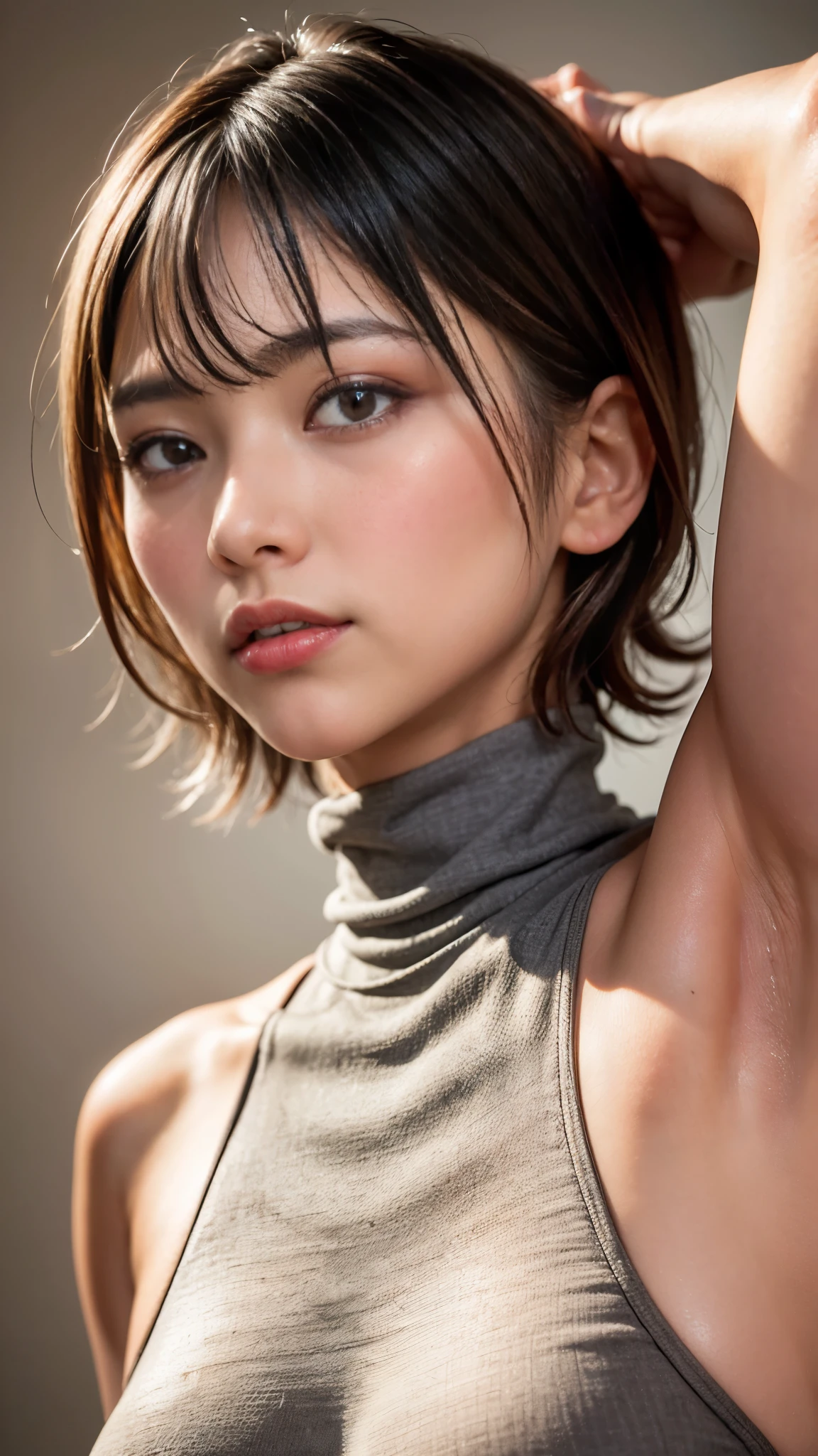 Best Quality,masterpiece, ultra high resolution,high definition raw color photo, professional photos , natural skin texture, fine skin, hyperrealism, Japanese Women,( Shortcut Hair, face up ,grey turtleneck)