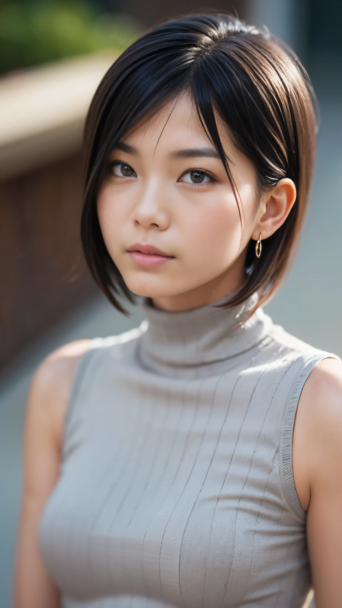 Best Quality,masterpiece, ultra high resolution,high definition raw color photo, professional photos , natural skin texture, fine skin, hyperrealism, Japanese Women,( Shortcut Hair, face up ,grey turtleneck)