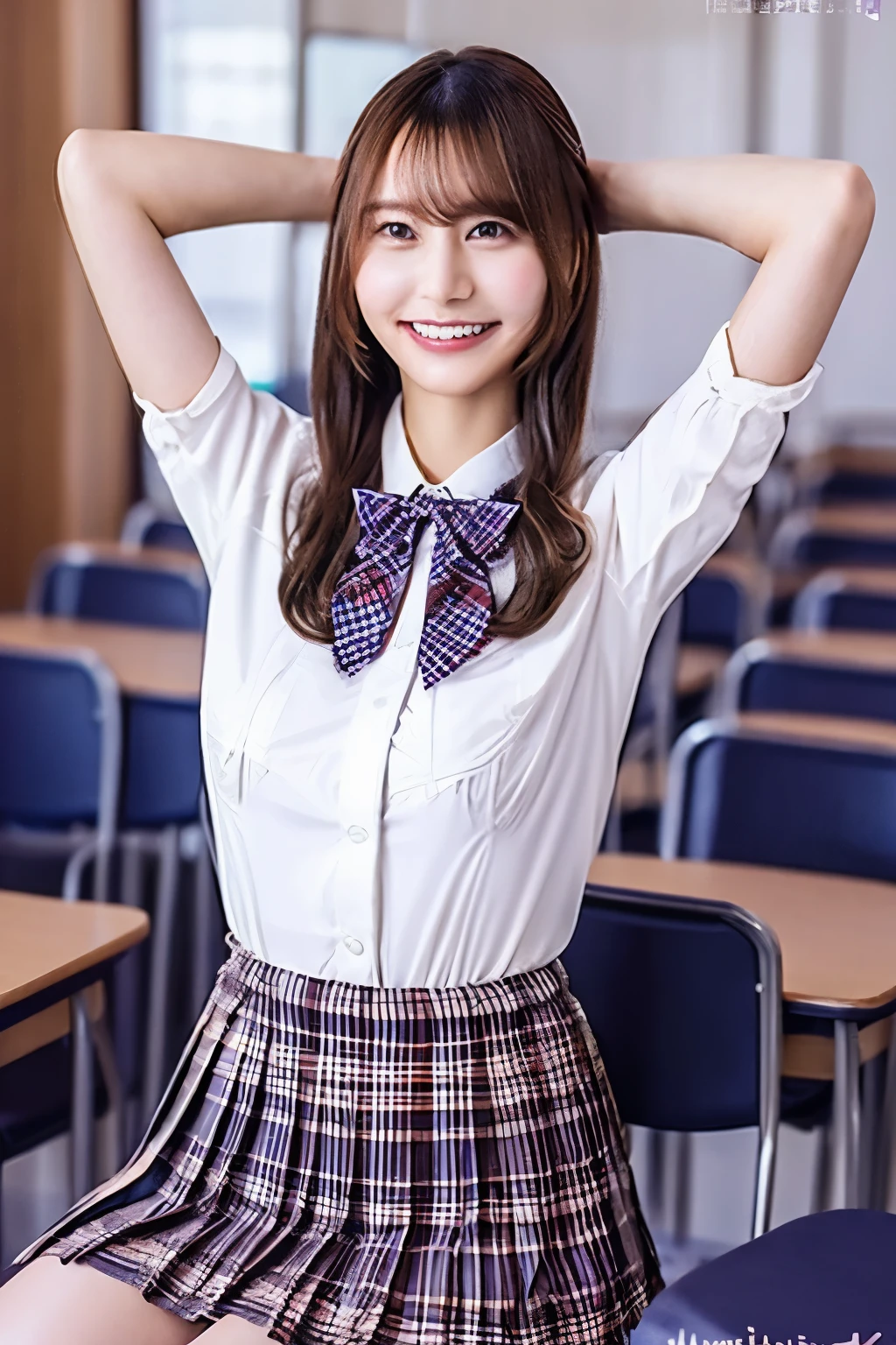 brown hair、With bangs、 and smiles 、 fold your hands behind your head、Beautiful breasts、 slim body、Purple bow tie、WhiteShirt、 plaid pleated mini skirt、Sitting on a chair with legs apart、In a school classroom