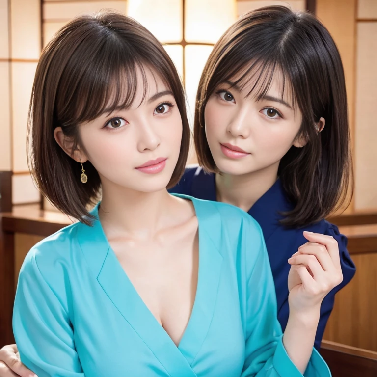 Close-up of a beautiful Japanese middle-aged woman,Brown short hair、 40 inch huge breast size, He is wearing a white shirt and a navy suit, At work, Everyday scenes, Ultra-high resolution 