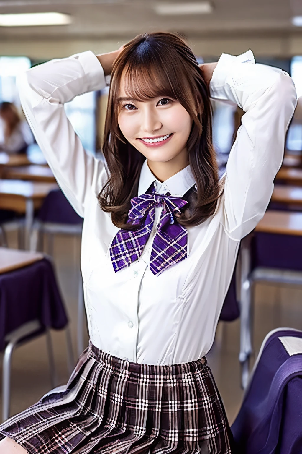  brown hair、With bangs、 and smiles 、 fold your hands behind your head、Beautiful breasts、 slim body、Purple bow tie、WhiteShirt、 plaid pleated mini skirt、Sitting on a chair with legs apart、In a school classroom