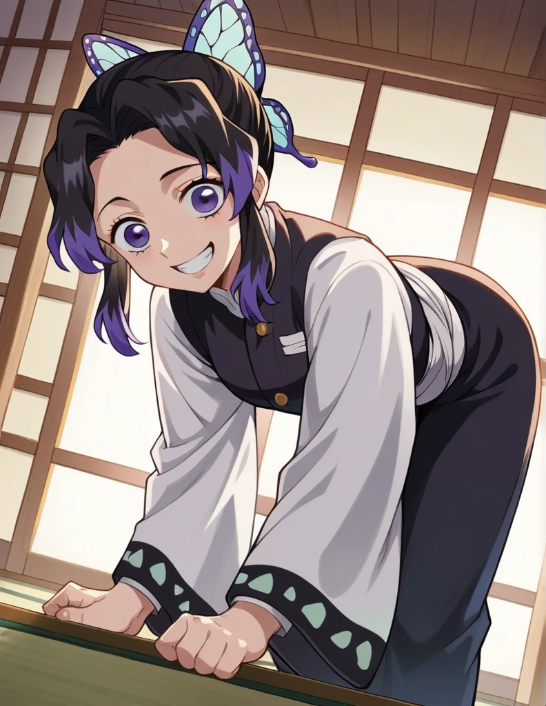 score_9, score_8_up, score_7_up, source_anime,
Shinobukochou, Shinobu Kochou, black tied hair, butterfly, butterfly hair ornament, purple eyes,
black pants, kimono, demon slayer uniform, long sleeves,
indoors, dojo, bent over, smile,
solo, dutch angle, looking at viewer, cowboy shot,crazy smile，highlight off