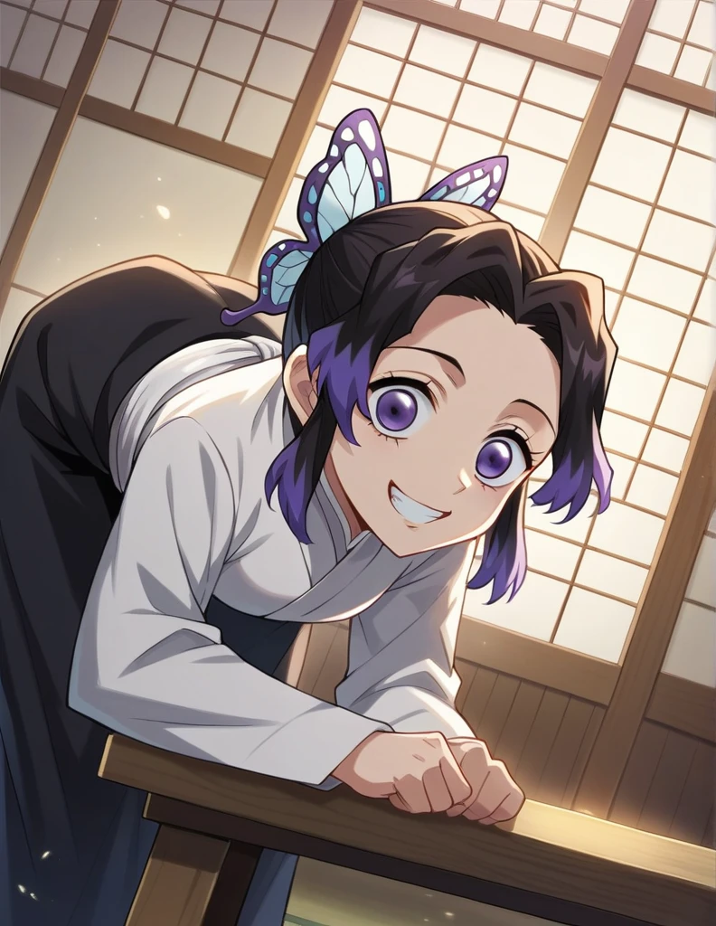 score_9, score_8_up, score_7_up, source_anime,
Shinobukochou, Shinobu Kochou, black tied hair, butterfly, butterfly hair ornament, purple eyes,
black pants, kimono, demon slayer uniform, long sleeves,
indoors, dojo, bent over, smile,
solo, dutch angle, looking at viewer, cowboy shot,crazy smile，highlight off