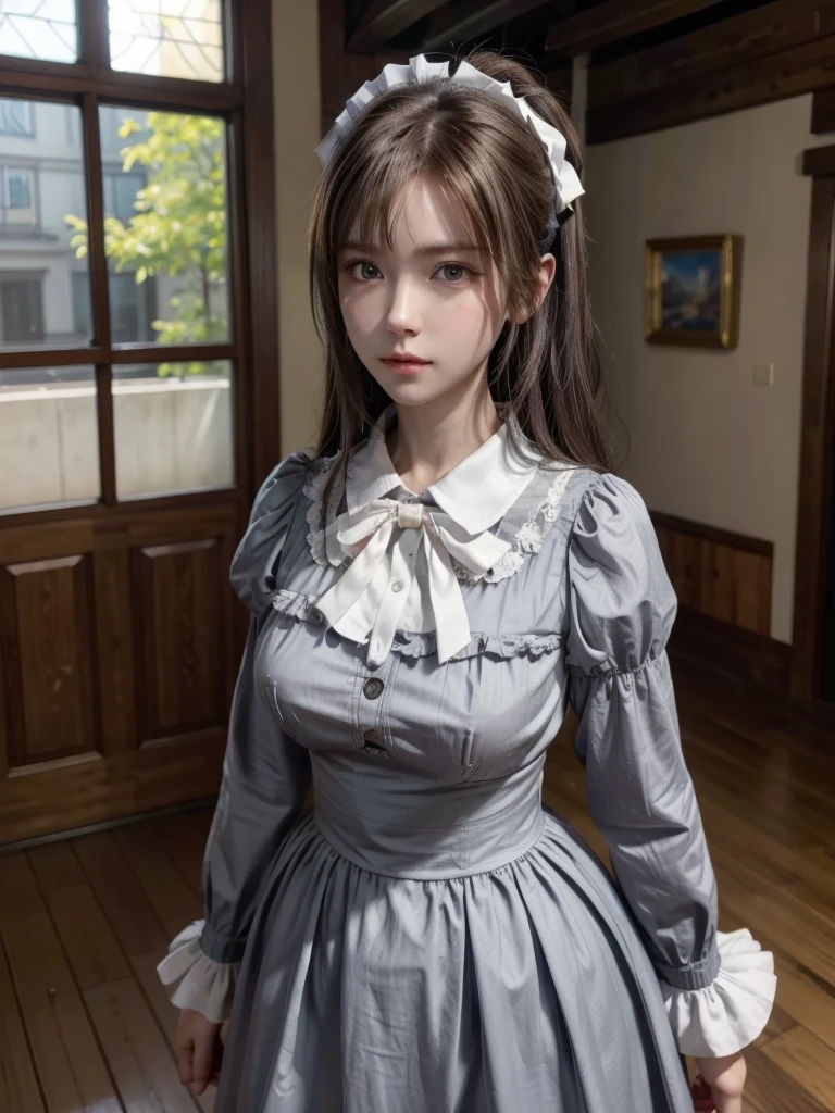 1 Female, Maid,  In the Ears of a Wolf , Brown Hair,  blond eyes ,  standing on the ground , high res,  ultra sharp , 8k, masterpiece パフィー・スカート (((masterpiece+Best Quality+ high resolution on down+ very detailed))),  Overlord Navelal Gamma、黒のMaid服、Silver collars 、