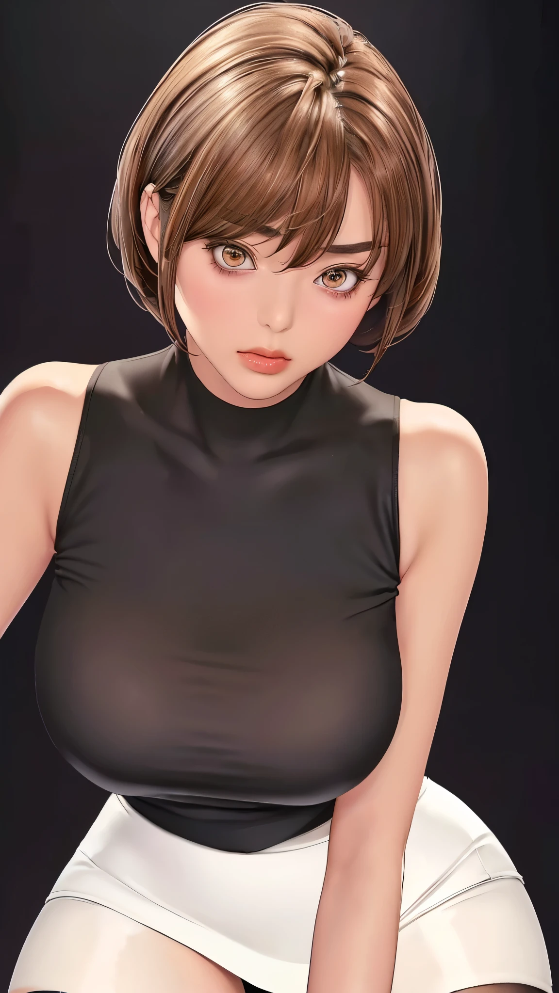 (（（figure，御姐figure,White and tender skin,（（（black sleeveless sweater ，White hip skirt， Black Stockings ）））,(（（Soridef，brown eyes，brown hair，short hair,））),，((masterpiece)), highres icon,((Best quality at best)),masterpiece,quality,Best quality,(（（  to the audience,Light in the eyes， blush，pant）））,Huge breasts,苗条figure, Black background，Bend over close to the camera，From below）））