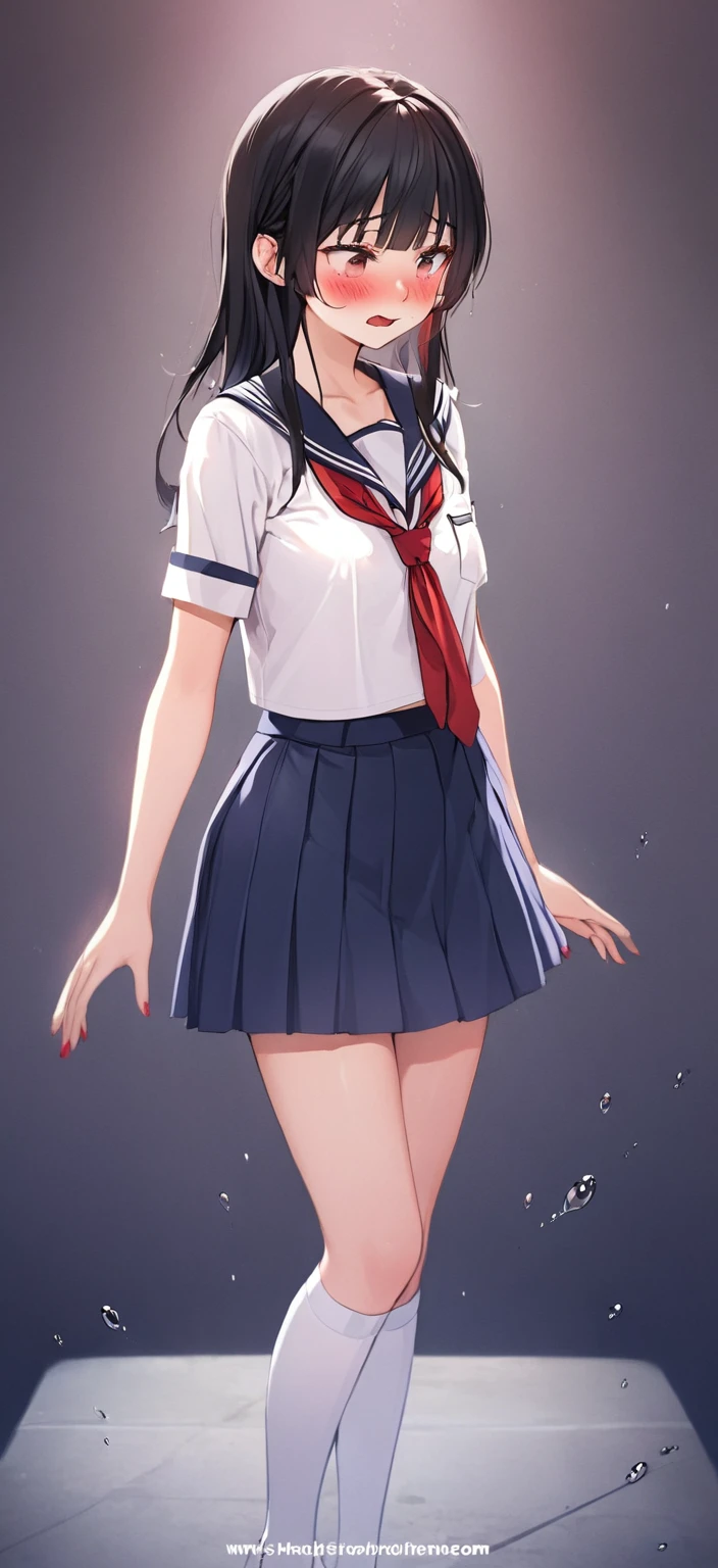 1 woman,High school girl, cute woman ,Wearing a white uniform, navy blue skirt,The tie is red,Black Hair,blush,Looking Down,It's being silly