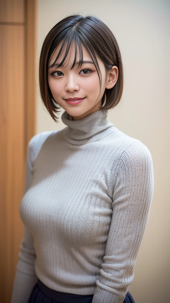 Best Quality,masterpiece, ultra high resolution,high definition raw color photo, professional photos , natural skin texture, fine skin, hyperrealism, Japanese Women,( short bob,(smile, face up ,grey turtleneck))