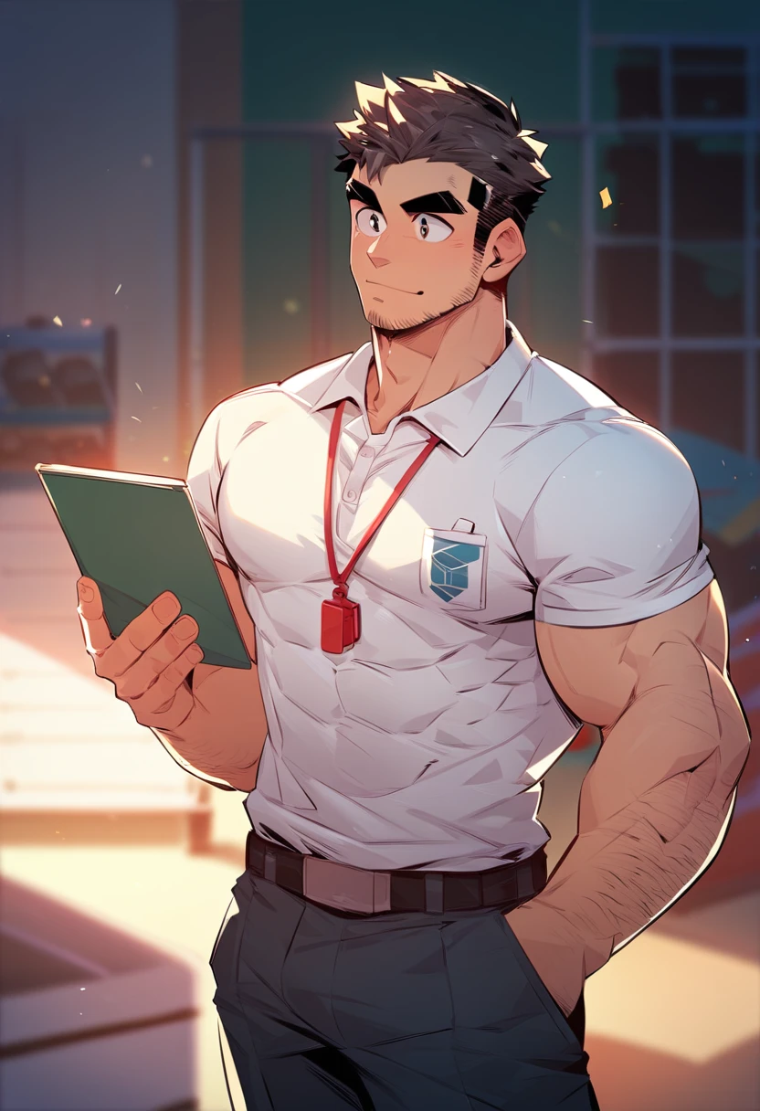 Masterpiece, Best quality, Japanese, Male, Muscular, Beefy, Short hair, Black hair, Thick eyebrows, Hairy, Physical education teacher and high school student, Physical education storeroom, White polo shirt, Whistle