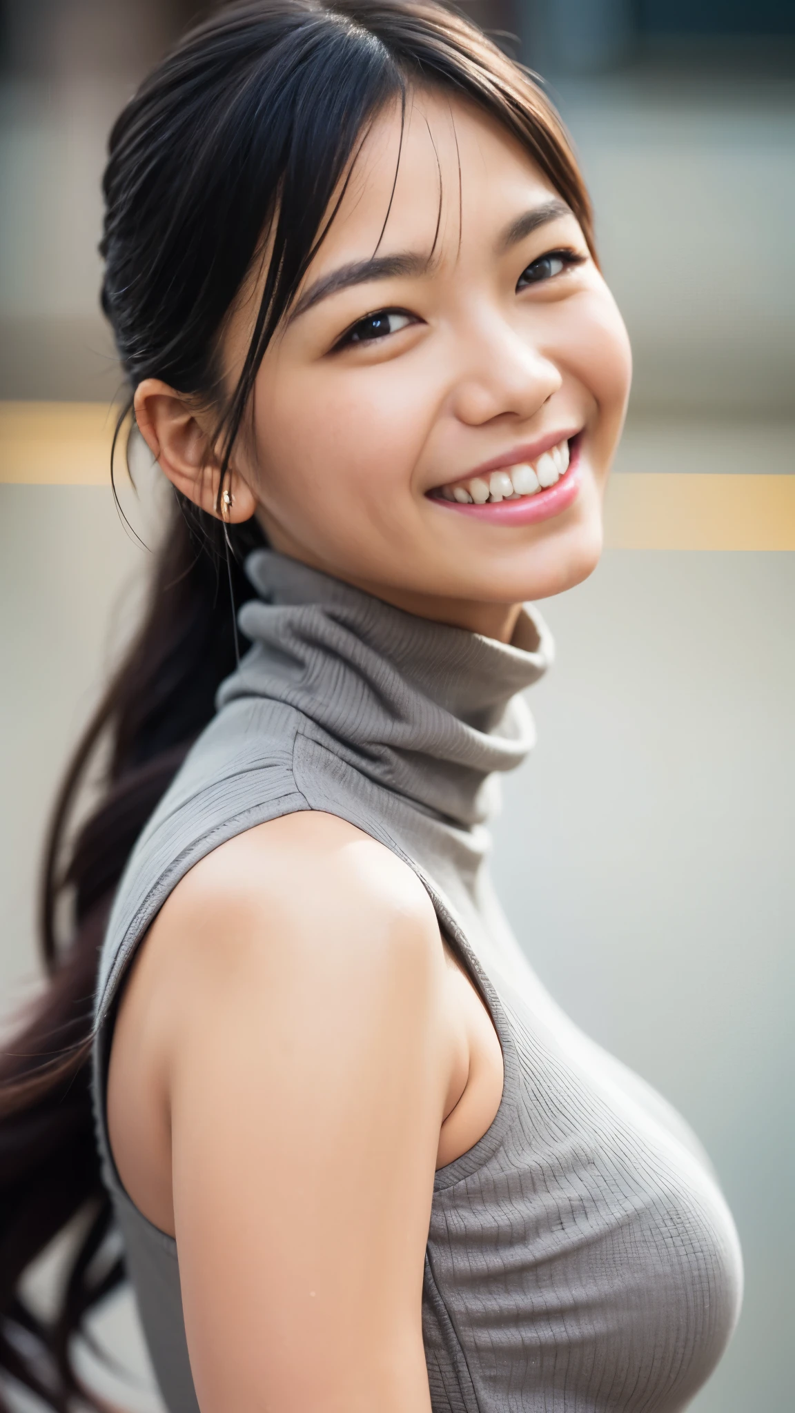 Best Quality,masterpiece, ultra high resolution,high definition raw color photo, professional photos , natural skin texture, fine skin, hyperrealism, Japanese Women,(smile, long dark hair , face up ,grey turtleneck)