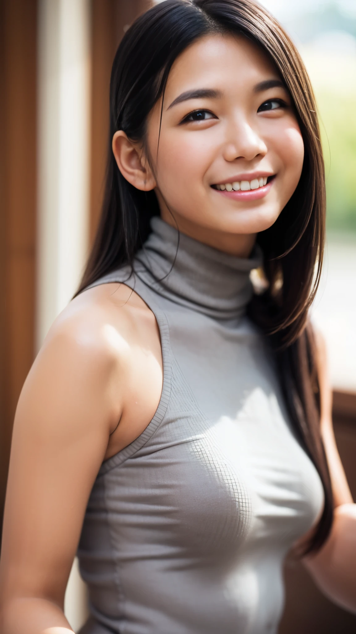 Best Quality,masterpiece, ultra high resolution,high definition raw color photo, professional photos , natural skin texture, fine skin, hyperrealism, Japanese Women,(smile, long dark hair , face up ,grey turtleneck)