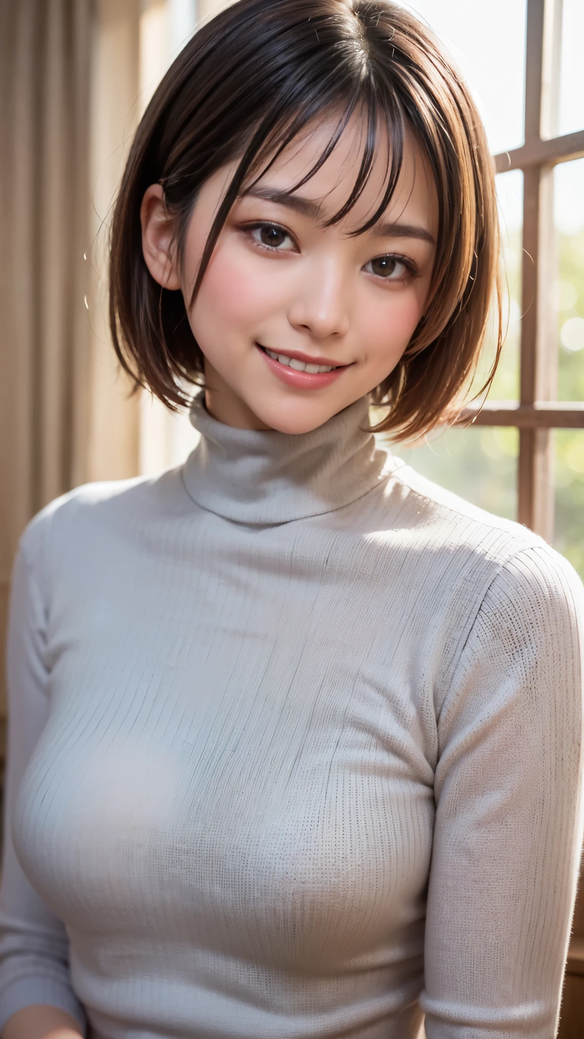 Best Quality,masterpiece, ultra high resolution,high definition raw color photo, professional photos , natural skin texture, fine skin, hyperrealism, Japanese Women,( short bob,(smile, face up ,grey turtleneck))