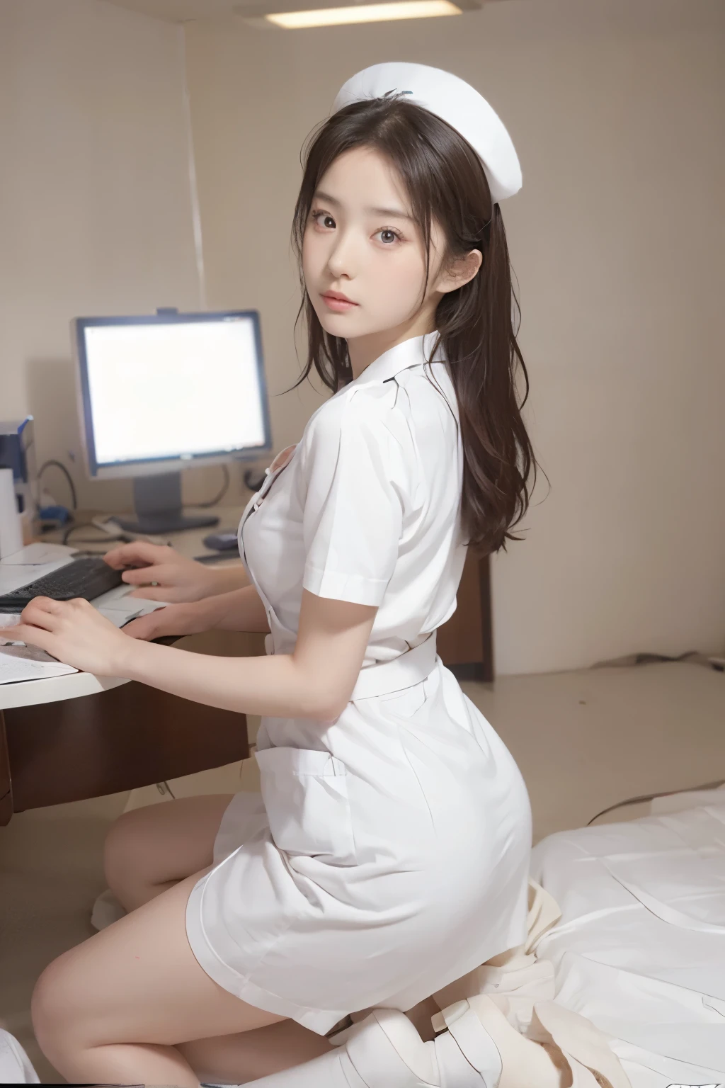  1 girl at home,(Wearing white Nurse clothes:1.2),( original photo,  highest quality), ( actual , photo- actual :1.4), masterpiece,  extremely detailed ,  Very detailed, 2k wallpaper, Wonderful, Finely,  Very detailed CG unity 8k wallpaper,  Very detailed, High resolution, Soft Light,  Pretty and Detailed Girl ,  Very detailed eyes and face,  beautiful and detailed nose  , Finely beautiful eyes, Perfect Anatomy,  dark hair, Upward Style, Nurse uniform, ((Nurse cap)), Long skirt, Nurse, White服装, thin, Hospital, Cleaning, White, Hospital room, auscultatory neck ,(desktop、 highest quality、8K、Award-winning works、  super high resolution  )、(一位美丽的Nurse:1.1)、(完美的WhiteNurse:1.1)、(White面具:1.1)、 Accurate Anatomy 、(  very blurry background in the ward :1.1)、非常明亮的White照明、( Face Closeup :1.2)、 perfect pretty makeup 、Excellent film lighting、 LED Lighting 、 elegant upright  ，Slim waist， BEAUTIFUL HITS ， white slim calves ，WhiteNurse鞋，Full of feelings，Excited， place your hands behind your head，Shot from the side，Shot from the back， full-body photo 