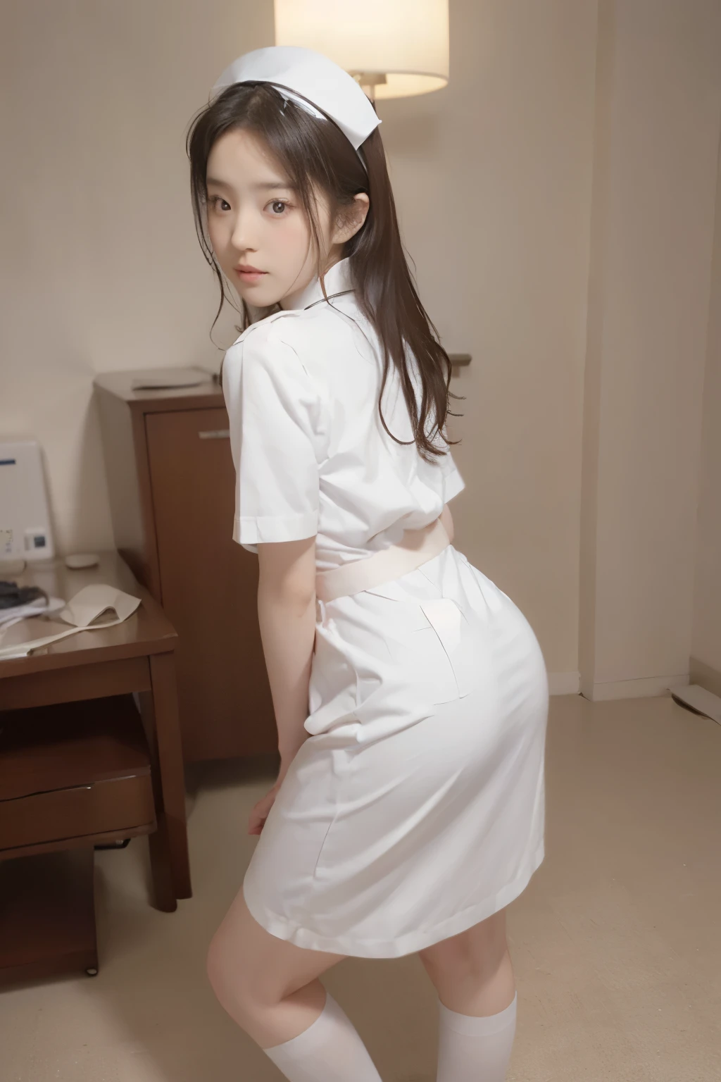  1 girl at home,(Wearing white Nurse clothes:1.2),( original photo,  highest quality), ( actual , photo- actual :1.4), masterpiece,  extremely detailed ,  Very detailed, 2k wallpaper, Wonderful, Finely,  Very detailed CG unity 8k wallpaper,  Very detailed, High resolution, Soft Light,  Pretty and Detailed Girl ,  Very detailed eyes and face,  beautiful and detailed nose  , Finely beautiful eyes, Perfect Anatomy,  dark hair, Upward Style, Nurse uniform, ((Nurse cap)), Long skirt, Nurse, White服装, thin, Hospital, Cleaning, White, Hospital room, auscultatory neck ,(desktop、 highest quality、8K、Award-winning works、  super high resolution  )、(一位美丽的Nurse:1.1)、(完美的WhiteNurse:1.1)、(White面具:1.1)、 Accurate Anatomy 、(  very blurry background in the ward :1.1)、非常明亮的White照明、( Face Closeup :1.2)、 perfect pretty makeup 、Excellent film lighting、 LED Lighting 、 elegant upright  ，Slim waist， BEAUTIFUL HITS ， white slim calves ，WhiteNurse鞋，Full of feelings，Excited， place your hands behind your head，Shot from the side，Shot from the back， full-body photo 