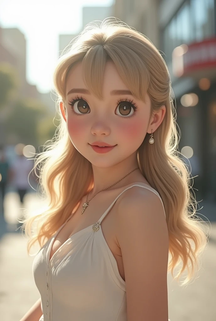 best quality, masterpiece, highres, 1girl, white flared chiffon short dress, smile, closed mouth,lips, blonde long hair, detailed beautiful eyes,detailed eyelash, Beautiful face,upon_body, tyndall effect,photorealistic, rim lighting, two tone lighting,(high detailed skin:1.2), 8k uhd, dslr, soft lighting, high quality, volumetric lighting, candid, Photograph, high resolution, 4k, 8k, Bokeh, in downtown, afternoon