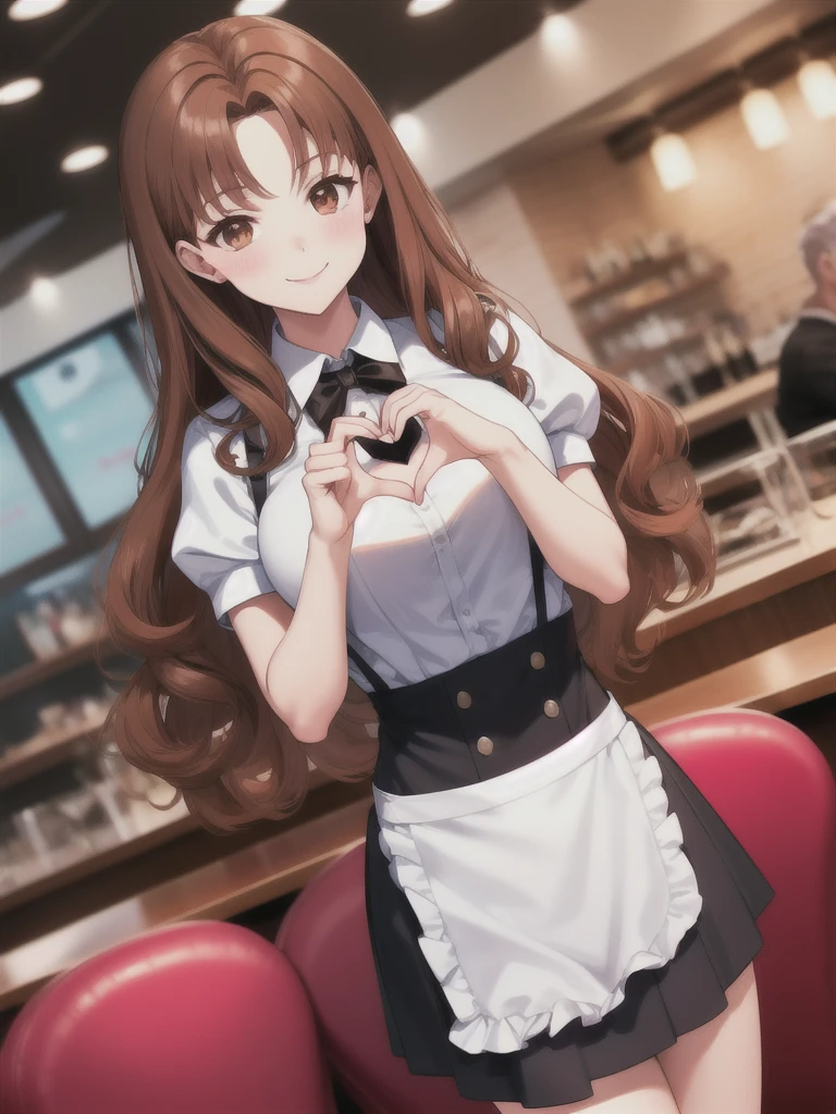 Sonozaki　Misao Sonozaki, masterpiece, best quality, masterpiece, best quality, an attractive sexy waitress makes heart hands posing in restaurant, 1girl, waitress, Alone, bow tie, apron, blouse, puffy sleeves, dutch angle, heart hands, name plate, waitress uniform, smile, light brown hair, wavy and curly hairstyle, long hair, large breast, puppet, nice ass, brown eyes, slender face, beautiful tits, beautiful ass, slim waist, ,anna miller's uniform, waitress, white blouse, half-sleeves, pink mini skirt, pink apron, heart-shaped nameplate,(heart hands, own hands together:1.2), hearts, looking at viewer, heart hands, own hands together