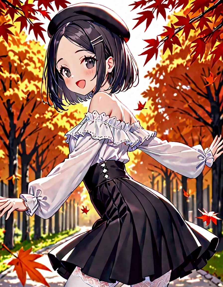 (masterpiece)(best quality)(ultra detailed)(high resolution),solo, petite girl, black hair short hair, bob cut, (forehead:1.2)(hairpin in center parted bangs:1.2), black eyes, slender body, medium hip, ;D, milky white blouse off-shoulder blouse, long sleeves, black skirt high waist flared skirt, autumn leaves, milky white stockings with lace trim, black beret with cat ear, upper body above knees, pose of spread both arms, from side,