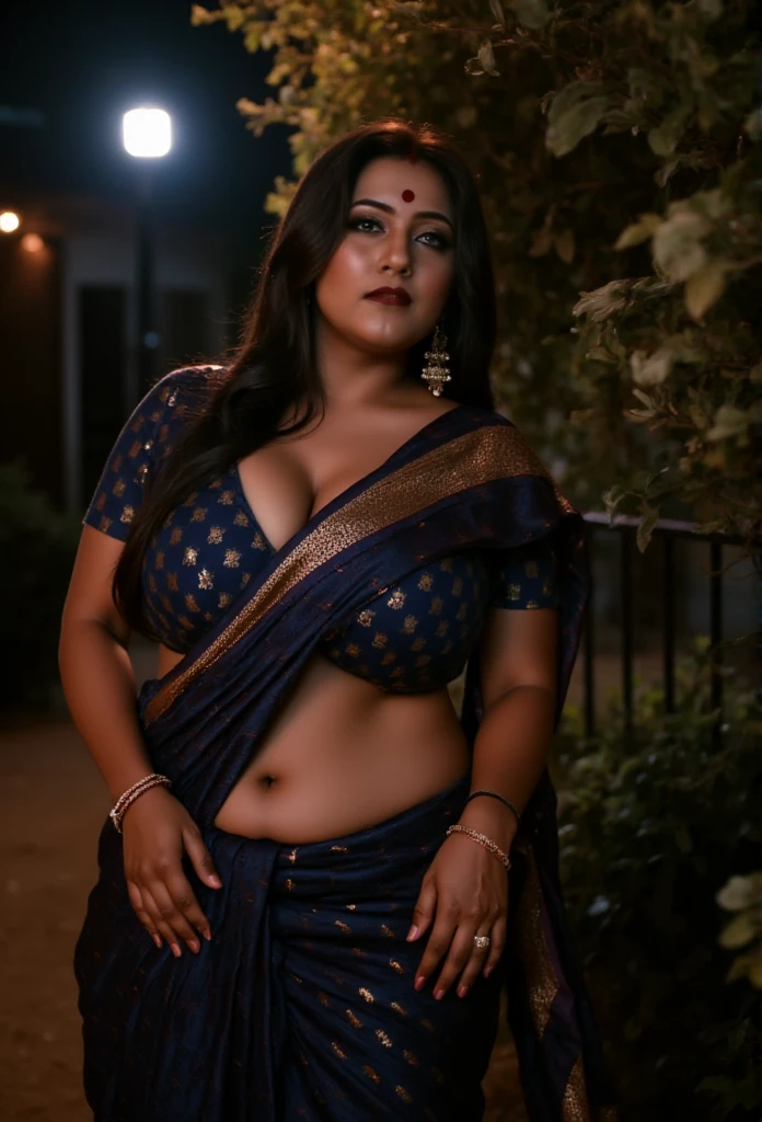 Prompt:

Nighttime outside the chief's house, 1 girl, 1 man: The air is thick with anticipation as the woman steps silently onto the grounds. The moon casts a soft glow, outlining the voluptuous curves of her body as she approaches. Wearing a tight-fitting Nivi saree, the rich fabric clings to her generous hips and ample chest, emphasizing her hourglass shape and plump, rounded figure. The saree, with intricate golden motifs, catches the light with every step, making her full-figured silhouette all the more captivating. Her soft, rounded face is framed by waves of dark hair, her mesmerizing beauty only heightened by the bold red lipstick and intense gaze she directs at the chief’s door.

Her posture exudes confidence as she stands just outside the door, hips swaying with a subtle yet seductive movement. Her curvy, plump body seems to demand attention, and the chief, though inside, can sense her presence, his curiosity piqued. The scene is quiet, save for the soft rustling of her saree and the stillness of the night.

Tags:
1girl, South Asian woman, Nivi saree, curvy, voluptuous, ample chest, wide hips, seductive, dark hair, moonlight, night scene, chief's house, anticipation.