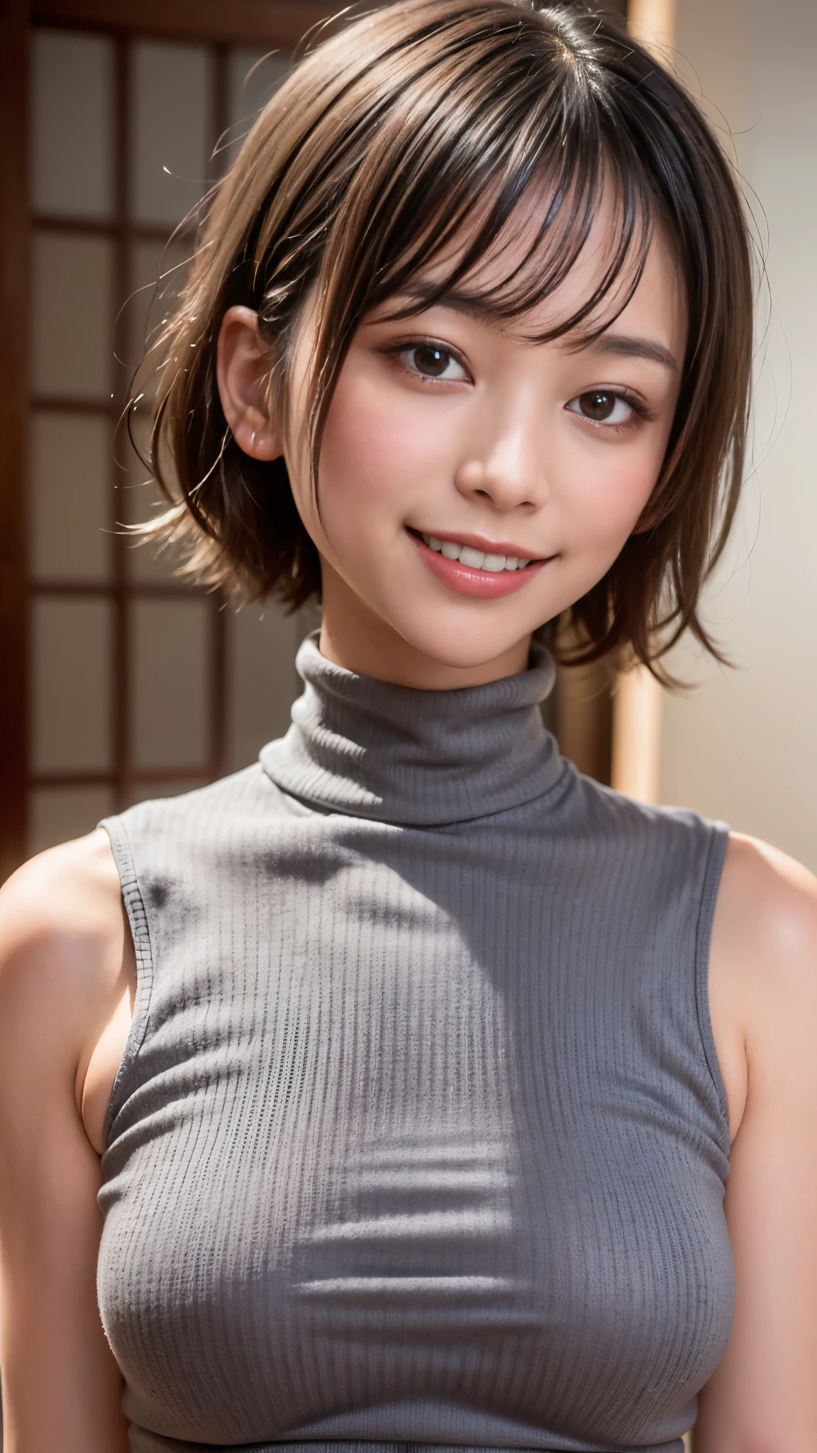 Best Quality,masterpiece, ultra high resolution,high definition raw color photo, professional photos , natural skin texture, fine skin, hyperrealism, Japanese Women,( short bob,(smile, face up ,Sleeveless grey turtleneck))