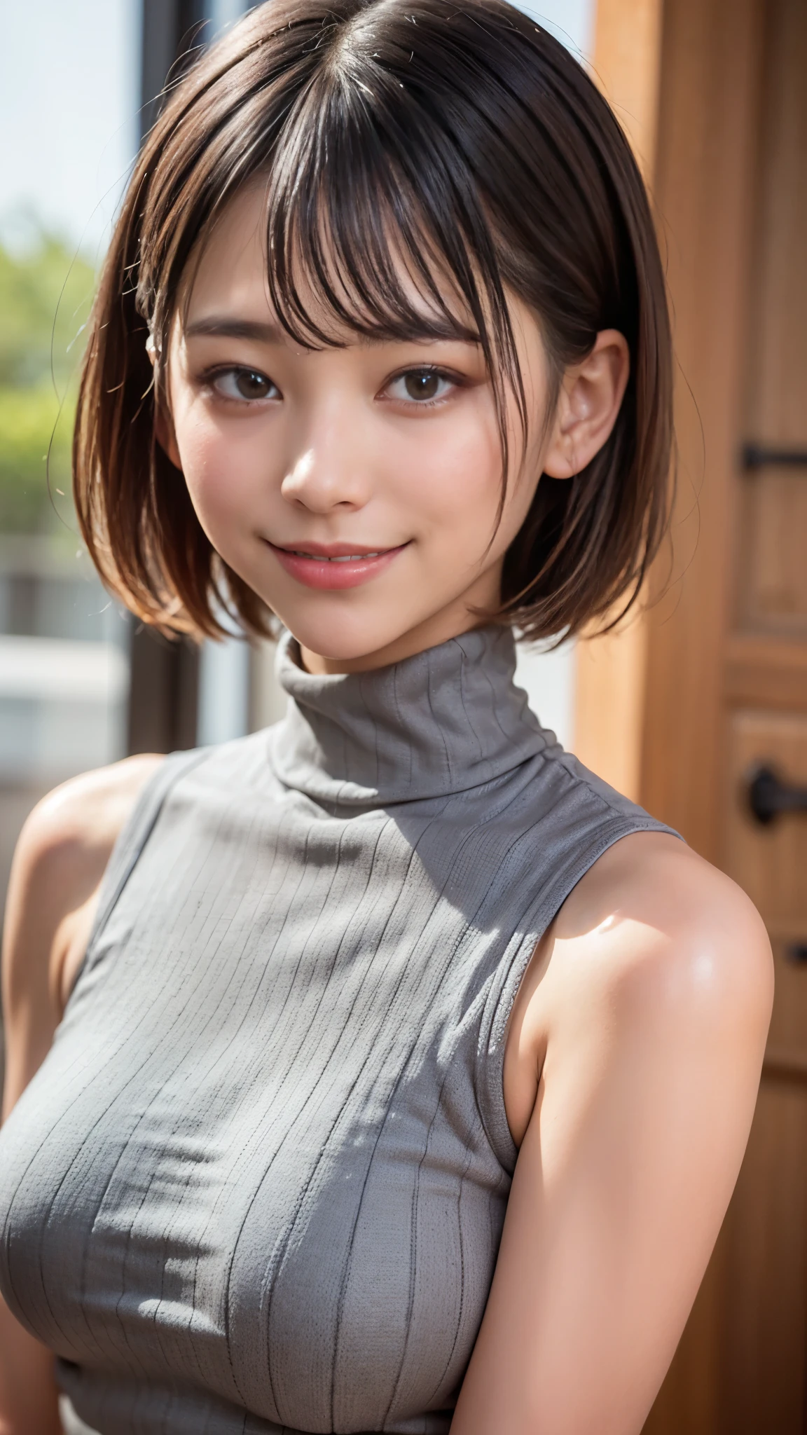 Best Quality,masterpiece, ultra high resolution,high definition raw color photo, professional photos , natural skin texture, fine skin, hyperrealism, Japanese Women,( short bob,(smile, face up ,Sleeveless grey turtleneck))