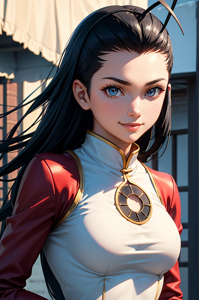 1 girl, smile, black hair, long hair, antenna hair, fingerless gloves, brown gloves, chinese clothes, china dress, white dress, ahoge, hair slicked back, dress, Chinese old castle in the background, cinematic lighting, cowboy shot, close-up, UHD, retina, masterpiece, accurate, anatomically correct, textured skin, super detail, high details, high quality, award winning, best quality, highres