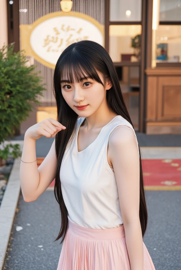 (masterpiece, best quality), 1girl, solo, View viewers, Young Japanese woman, Beautiful woman, Super cute face like an idol, Big eyes with double eyelids, Shiny black hair, Bangs, Medium straight hair, (White sleeveless shirt, Light pink pleated skirt), Smiling face,
She is standing in a cute pose, (in front of entrance at the stylish Hotel with a sign that says “"Studio NOGISAKA" :1.3), sunset lighting,backlighting, 
Real photo,She extends her arm and points to something with her hand,