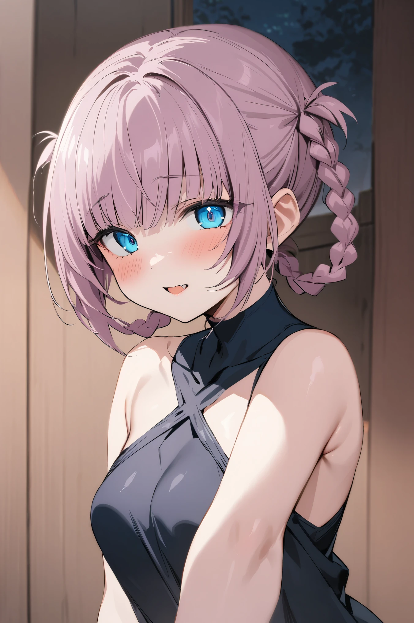 NSFW,masterpiece,Best Quality, high resolution on down, very detailed,Nanakusa Nazuna \(Night Song\),Pink Hair, braided ,bangs, blue eyes,tooth, Sleeveless Dress 