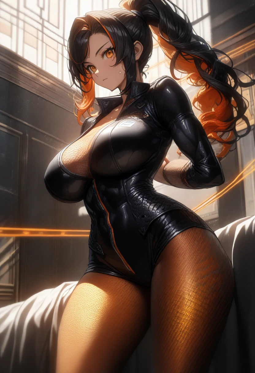 masterpiece,best quality,high resolution,8k,ultra HD,wallpaper,illustration,perfect face,cowboy shot,beautiful detailed eyes,extremely detailed face,perfect lighting,extremely detailed CG,perfect anatomy,perfect body,perfect hands,perfect fingers,1woman,full body,,muscle fighter body,(black long ponytail hair with orange mesh line hair:1.5),orange eyes,large breasts,Medium ass,,(blue open police jacket inner white shirt),black short hot pants,clothed,,collarbone,,looking at viewer,(rope bondage body),Steam,sweat, on the bed,(Zenless Zone Zero character Zhu Yuan),adult,