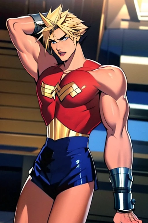 (High-definition CG), ( Best Quality ), (High-definition CG), ( Best Quality ), (Cloud Strife), (Overall view)  A cool and handsome face with a beard   ,The beauty of Wonder Woman's costume, 18 years old,   toned and muscular ,  With a cool and handsome face  , SharpEye