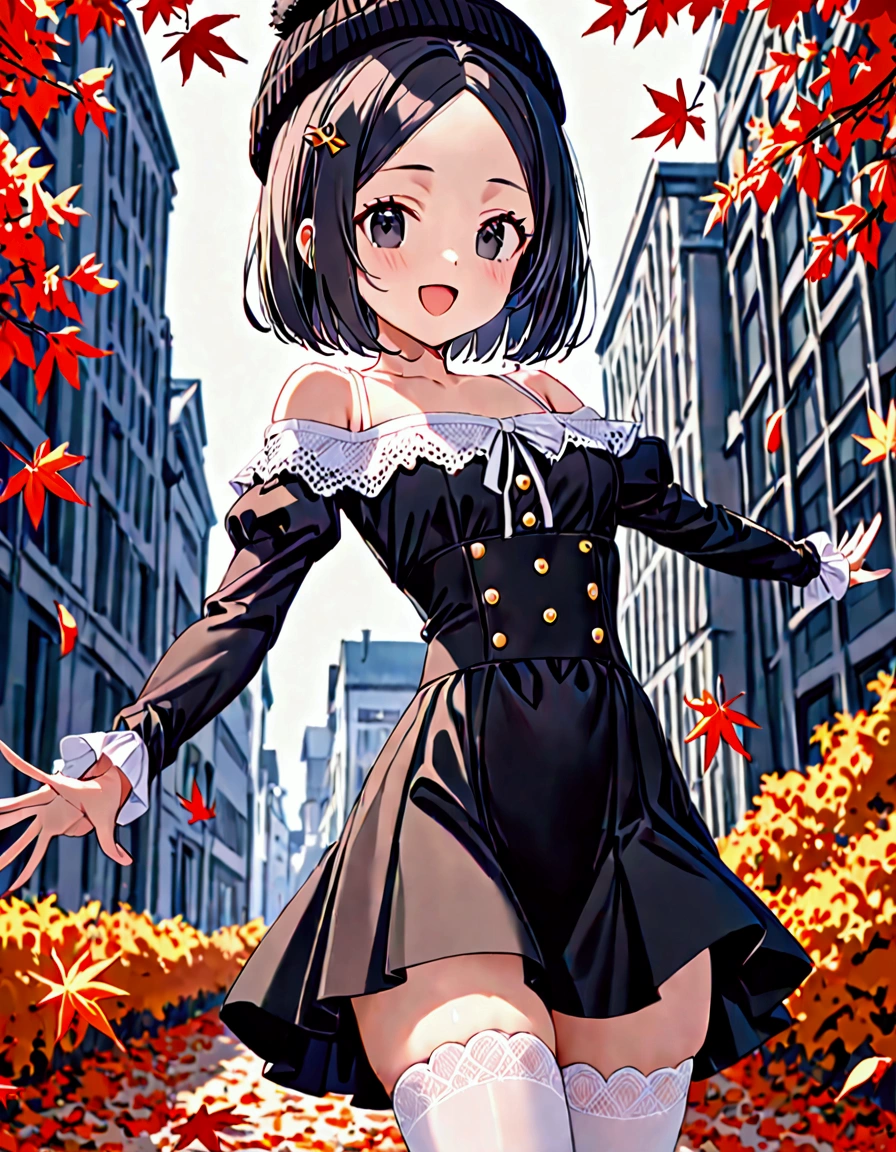 (masterpiece)(best quality)(ultra detailed)(high resolution),solo,  girl, black hair short hair, bob cut, (forehead:1.2)(hairpin in center parted bangs:1.2), black eyes, slender body, medium hip, ;D, milky white blouse off-shoulder blouse, long sleeves, black skirt high waist flared skirt, autumn leaves, milky white stockings with lace trim, black knit hat with cat ear, upper body above knees, pose of spread both arms, from front,