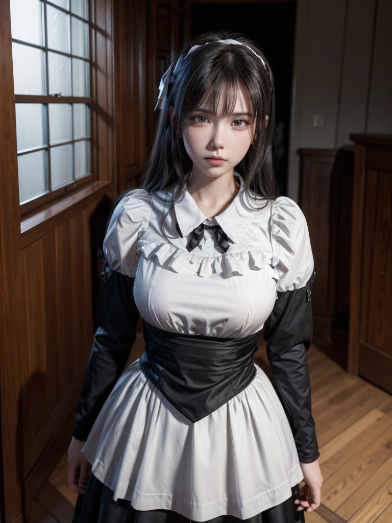 1 Female, Maid,  In the Ears of a Wolf , Black Hair,  blond eyes ,  standing on the ground , high res,  ultra sharp , 8k, masterpiece パフィー・スカート (((masterpiece+Best Quality+ high resolution on down+ very detailed))),  Overlord Navelal Gamma、黒のMaid服、Silver collars 、Bow tie、Large cross pattern in the center of the clothes