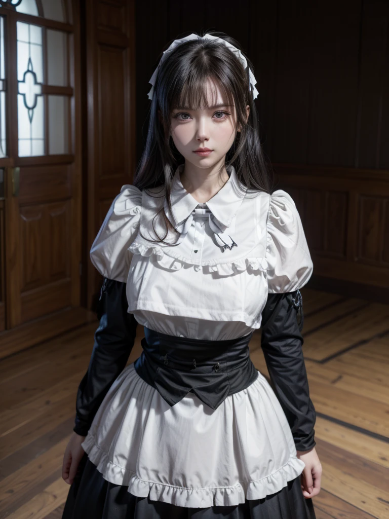 1 Female, Maid,  In the Ears of a Wolf , Black Hair,  blond eyes ,  standing on the ground , high res,  ultra sharp , 8k, masterpiece パフィー・スカート (((masterpiece+Best Quality+ high resolution on down+ very detailed))),  Overlord Navelal Gamma、黒のMaid服、Silver collars 、Bow tie、Large cross pattern in the center of the clothes