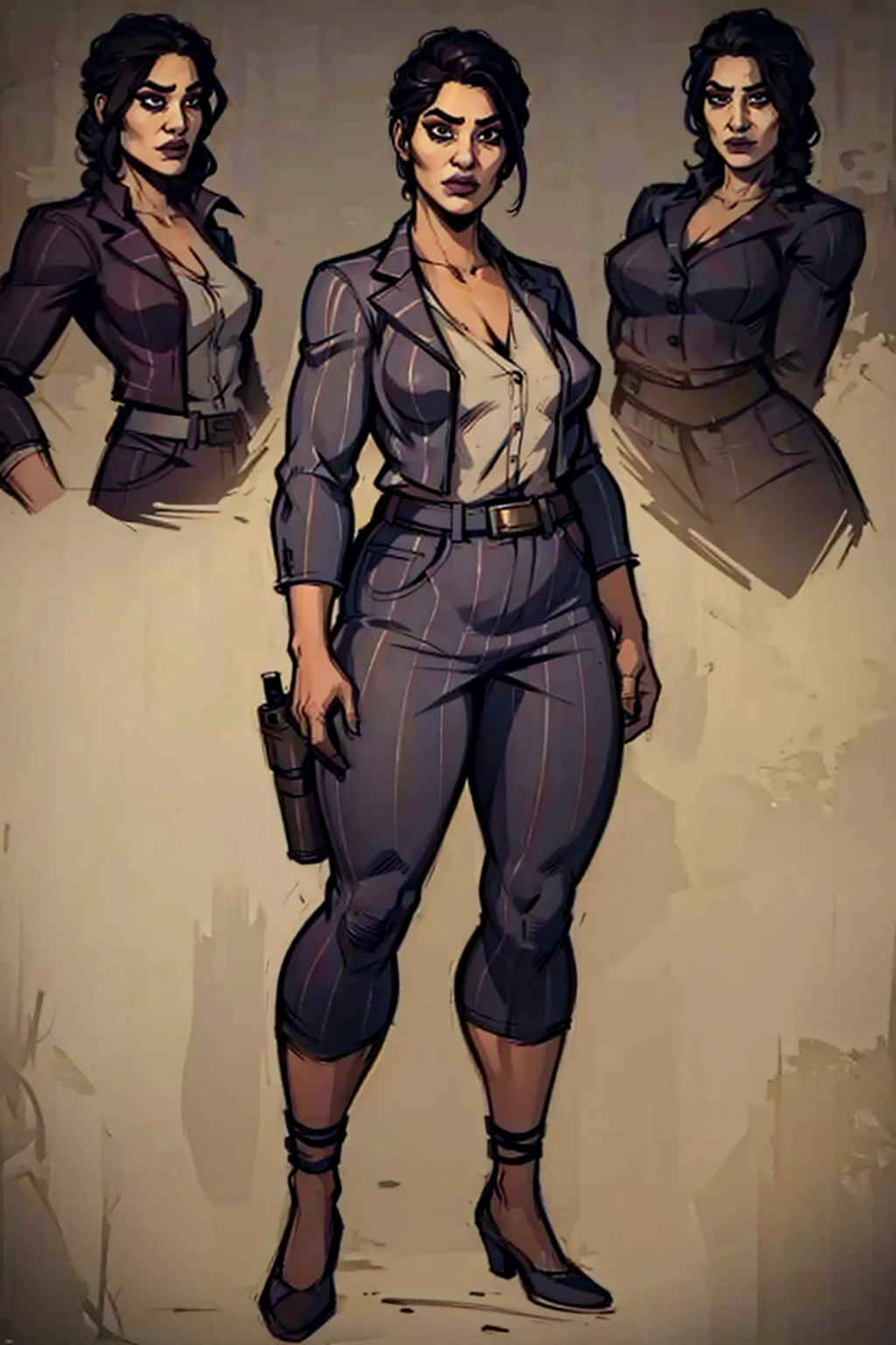 Digital art, highly detailed, reference sheet, standing straight pose, mature woman, adult female, full figure, whole body, form-fitting, Jane Romero (Dead by Daylight) inspired costume, pinstriped blazer, blouse, belt, pinstriped baggy pants that end above the ankle, belt, heels, 1woman, solo, upper body, lower body, ((Extremely Detailed)), ((Best Quality)), ((Masterpiece)), ((4k)).