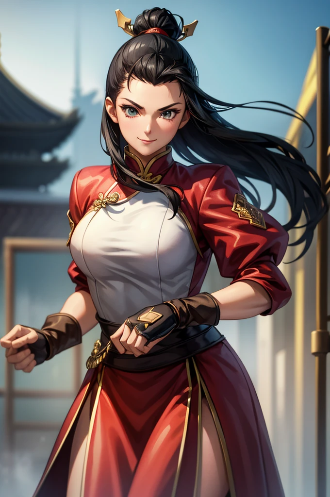 1 girl, smile, black hair, long hair, antenna hair, fingerless gloves, brown gloves, chinese clothes, china dress, white dress, ahoge, hair slicked back, dress, Chinese old castle in the background, cinematic lighting, cowboy shot, close-up, UHD, retina, masterpiece, accurate, anatomically correct, textured skin, super detail, high details, high quality, award winning, best quality, highres