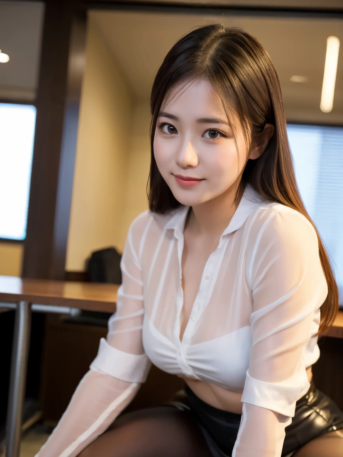 (RAW Photos), (Realistic), (masterpiece), (Highest quality), High resolution, 8k, (Intricate details), (Volumetric Light), Portraiture, woman, Age 25, Medium Hair, Straight hair, Center of chest, Layered Hair, Brown Hair, Very beautiful eyes, Source order, Very thin eyebrows, Very fine skin, Very beautiful mouth, Very nice nose, Cute like an idol,A smile showing white teeth, (Thick lips), (Looking at the audience), (See-through red dress shirt), 、Sit on a chair,From the whole body to the toes,(Side Shot),