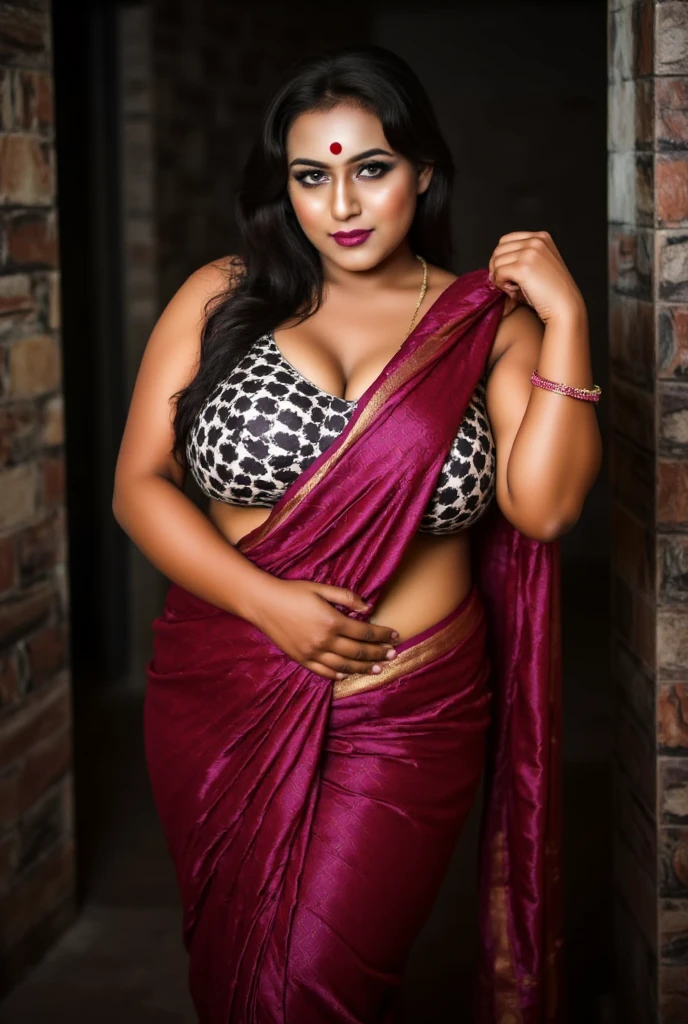 Prompt:
This photograph features a woman standing at the entrance of a rustic house at night. She is a South Asian woman with a warm, medium-dark skin tone, radiating an aura of mystery and elegance. Her long, dark hair cascades in soft waves down her back, the strands gently catching the moonlight. Her makeup is striking—bold eyeliner framing her almond-shaped eyes, accentuating their depth, and a rich, red lipstick that complements her sensual expression. A bindi rests delicately on her forehead, adding a traditional touch to her look.

She is dressed in a tight-fitting Nivi saree, its deep crimson color adding to her allure. The saree is made of luxurious fabric that drapes elegantly, hugging her hourglass figure and accentuating her curvy hips and full, voluptuous breasts. The fabric clings to her small waist, emphasizing her plump curves in a way that exudes both elegance and sensuality. The blouse she wears is a modern, zebra-patterned design, which highlights her ample chest and complements her traditional attire with a contemporary twist.

Her pose is confident yet inviting, standing tall with her hips swaying gently as she waits at the threshold. One hand rests at her side, while the other slightly adjusts the pleats of her saree, drawing attention to her curvy, plump figure. The night air is cool, and the soft moonlight bathes her in a soft glow, accentuating the contours of her body. The background features the dimly lit rustic house with shadows that stretch across the ground, creating an intimate and mysterious atmosphere.

Tags:
1girl, South Asian woman, night scene, rustic house, moonlit, tight-fitting Nivi saree, sensual pose, crimson saree, zebra-pattern blouse, curvy figure, voluptuous, big breasts, wide hips, hourglass shape, medium-dark skin, elegant, traditional with a modern twist, seductive atmosphere.

