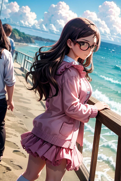  high resolution on down,  high quality,  1 girl,  anime girl , Brown Hair Long Hair,  Brown Eyes , Green glasses,  sunburned skin, Big Breasts, ( big butt ), Pink Cardigan, white ruffle skirt with pink logo , white knee socks , upper body,walk,At the Beach,