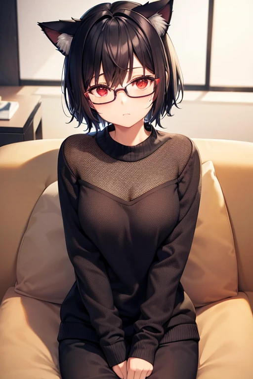 black short bob, medium breast, brown eyes, adult lady, black tight sweater, black tight skirt,black glasses, add detail, masterpiece, on the bed,embarrassed,flushed cheek,fully open mouth,excited, shiny skin, shiny body, 1girl,((all fours,touching own pussy,masturbating, from behind,closeup,torogao))