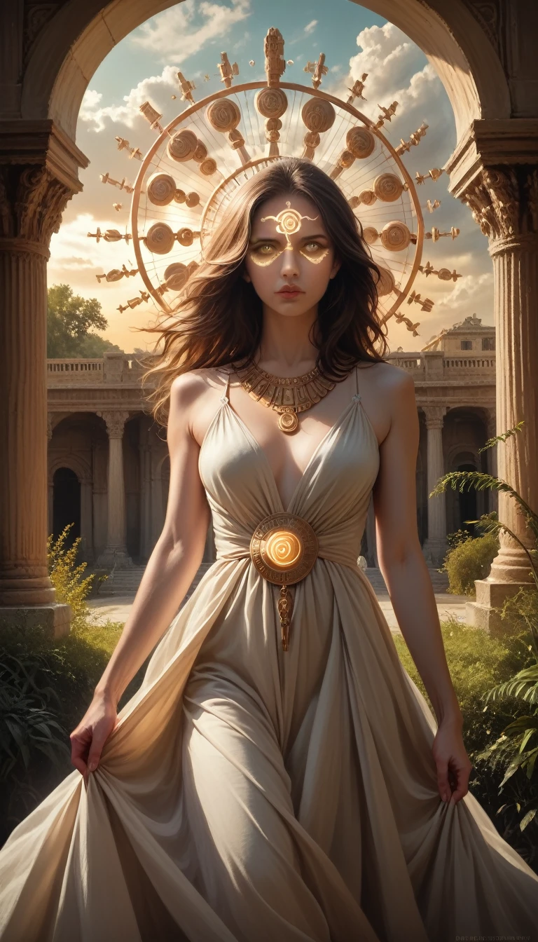 a beautiful young woman, pandora, the first woman of humanity, dark blonde hair, greek mythology, (best quality,4k,8k,highres,masterpiece:1.2),ultra-detailed,(realistic,photorealistic,photo-realistic:1.37),intricate details,hyper realistic, dramatic lighting, cinematic composition, chiaroscuro, glowing skin, piercing eyes, lush lips, delicate features, graceful pose, flowing dress, ancient greek architecture, dramatic cloudy sky, golden ornaments, mythical aura, ethereal atmosphere, rich color palette, dynamic composition