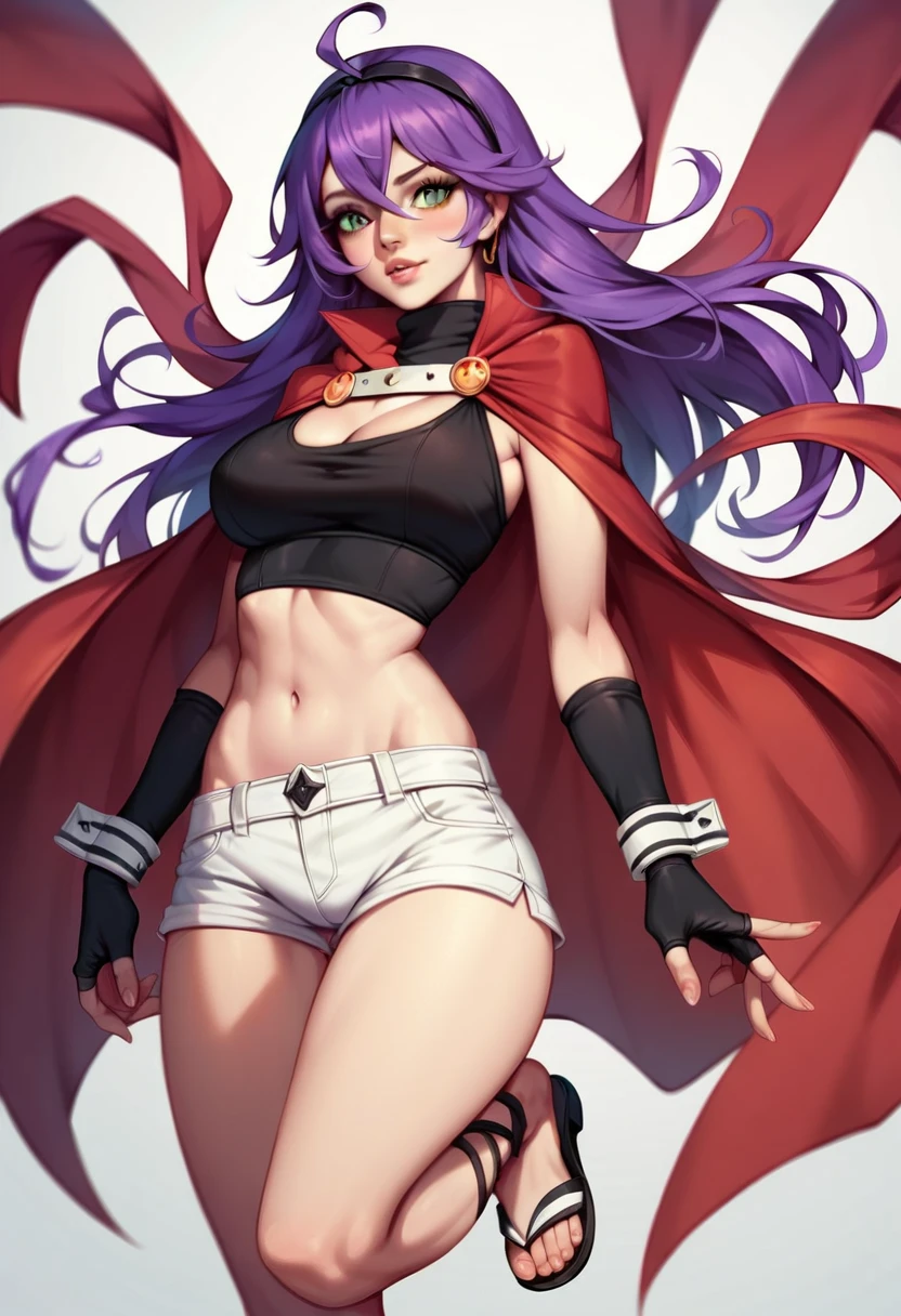 Illustration, realistic proportions, best quality, high detail, mia feh, open hair, straight hair, long purple hair, ahoge, green eyes, black headband, (white turtleneck top), midriff, white hotpants, white skirt with front slit long white fingerless gloves, black armcuffs, red cape, red bow on chest, orange tighthighs with black hem, black lace-up sandals